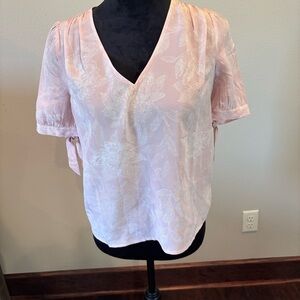 Madewell Pink Silk V-Neck Blouse Top in Pindot Blooms,XS,Delicate Floral,Summer